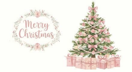 Merry Christmas Watercolor Pink Tree Festive Holiday Season Greetings