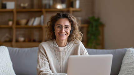Happy professional woman working remotely from home office with laptop