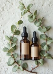 Organic natural cosmetic products with eucalyptus leaves on green background. Amber glass spray bottle and liquid soap dispenser. Bathroom SPA beauty products packaging design.

