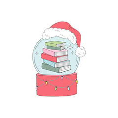 Retro Christmas Snow Globe in Santa Hat with Stack of Books Inside vector illustration isolated on white. Ideal for holiday greeting cards, seasonal book-themed merchandise, cozy winter decor, and