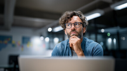 Thoughtful entrepreneur working on laptop in modern startup office
