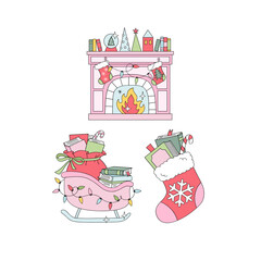 Retro Christmas Fireplace, Santa Sleigh Full of Presents, and Stocking Filled with Books vector illustration set isolated on white. Perfect for holiday cards, festive book themed designs, seasonal