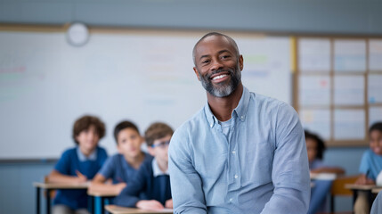 Confident male teacher smiling in modern classroom with students
