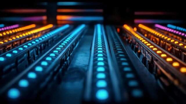 Lit rows; blue, orange, purple. Dark background