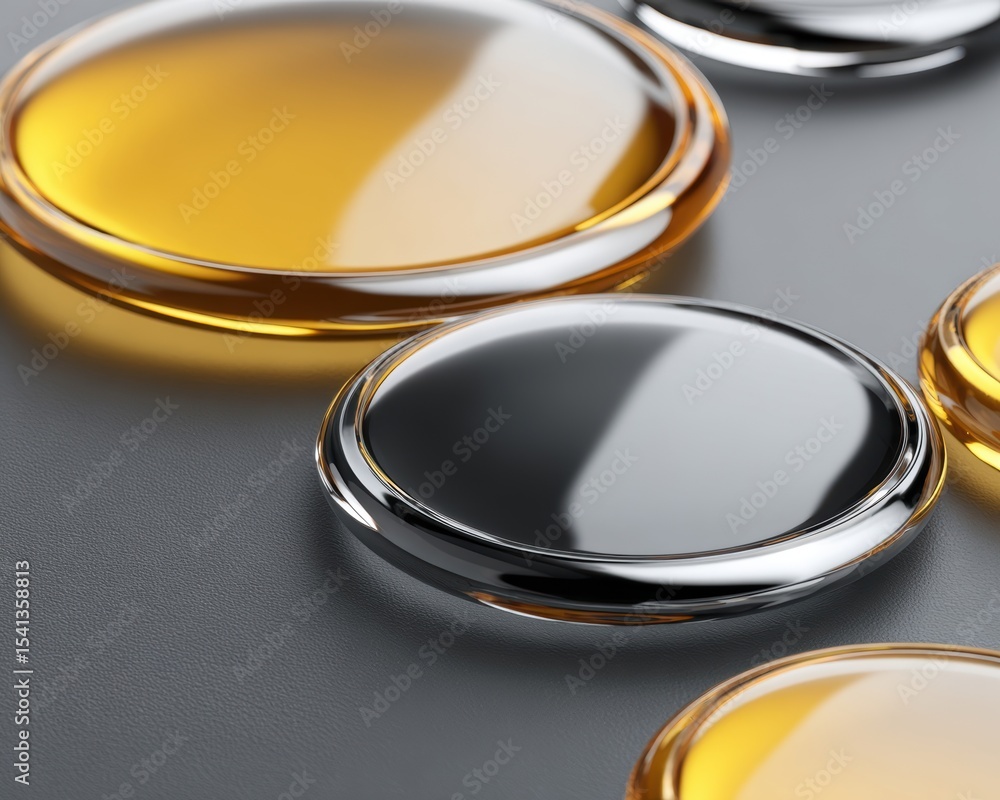 Poster close up of circular glass forms with gold and silver fill on gray surface some with reflective edge