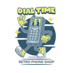 Vector Illustration of Classic Handphone Mascot with Retro Cartoon Mascot Available for Logo Badge