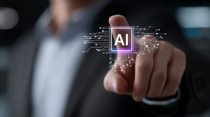 Smart office worker touches AI icon generating data streams over pulsing electronic background,generative AI, artificial intelligence, holographic interface, smart technology, digital transformation

