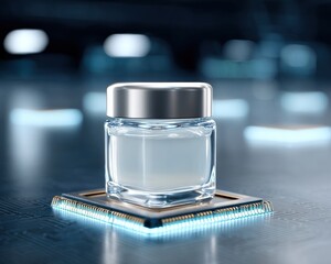 Close up of a glass jar with a silver lid placed on a microprocessor against a dark bokeh lit background