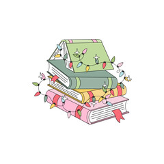 Retro Christmas Book Stack Decorated with Festive Garlands in Hand Drawn Style vector illustration isolated on white. Ideal for holiday cards, book themed merchandise, winter reading promotions