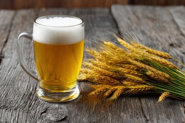 Beer mug halffull on rustic table with wheat stalks