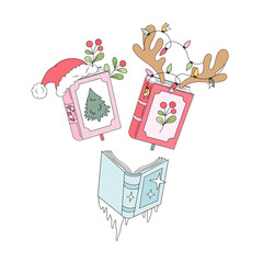 Whimsical Retro Christmas Books with Santa Hat, holly berry, Antlers with Garlands, and a Frozen Winter Book vector illustration set isolated on white. Great for festive prints, book themed holiday