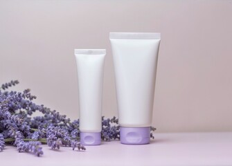 White mockup tube, jar of cream and natural foam on purple isolated background with flowers. The concept of dermatological face and body skin care products to reduce rashes. Image for your design

