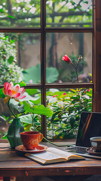 Fototapeta A lotus flower in a vase sits on a wooden table next to a cup of tea an open book and a laptop with a garden view through a window