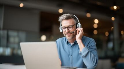 Professional businessman conducting virtual meeting with headset in modern workspace