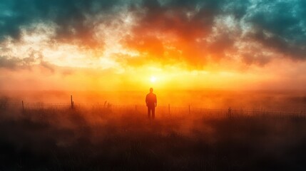 An atmospheric oil painting of a farmer carefully moving portable fencing to create a new paddock for animals in a regenerative grazing system at dawn, with mist rising from the revitalized land
