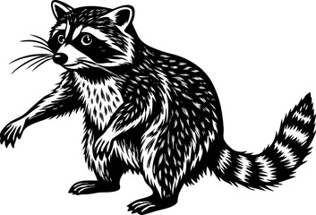 A raccoon standing on hind legs, isolated on a white background