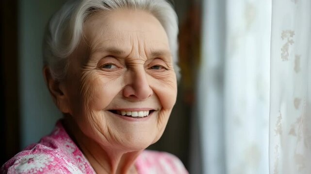 A woman with white hair and a pink shirt is looking out the window. She is sad or contemplative