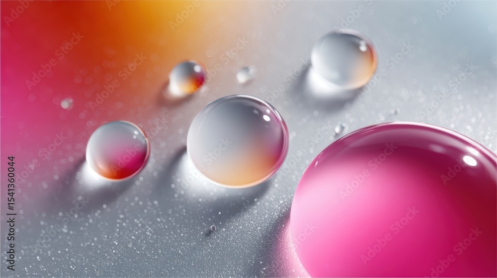 Poster macro shot of several water droplets with colorful reflections on a silver surface creating a textur