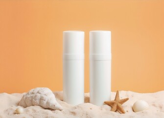 Cosmetic white jars and stone on the sand. Cosmetic product for mock up.

