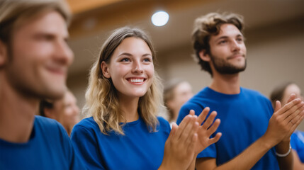 Enthusiastic startup team applauding at business conference event