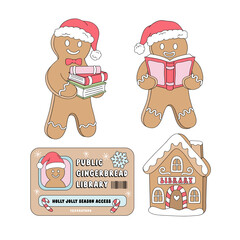 Retro Christmas Gingerbread Man Characters Reading and Carrying Books, Library Shaped Cookie, and Festive Library Card vector Illustration set isolated on white. Perfect for festive greeting cards