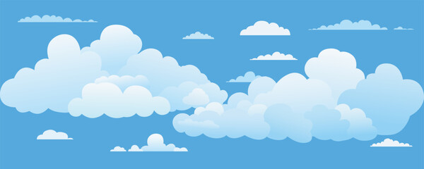 Set of gradient clouds on blue sky for design. Collection of white and blue clouds. Vector illustration of different clouds for background and design.