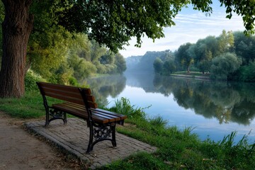Bench overlooks tranquil river Lush greenery surrounds