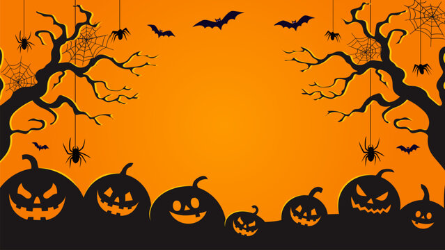 Halloween banner, poster with black bats, pumpkins and spiders on orange background. Vector illustration template for text. Halloween background with bats, spiders, pumpkins and scary trees.