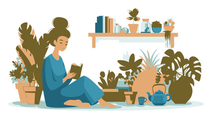 Fototapeta premium Cozy Indoor Reading Scene with Plants and a Relaxed Woman Enjoying a Book