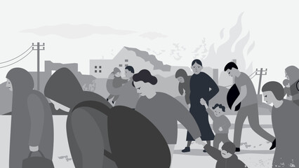 Obraz premium Black and white vector illustration on the theme of war, refugees, social problems in the world. Group of tired people walking on a road, on background ruined houses