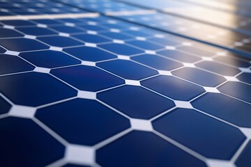 Ultra-detailed macro view of solar panel cells with hexagonal silicon grid texture under sunlight, clean energy concept, renewable technology, high-quality green power generation background