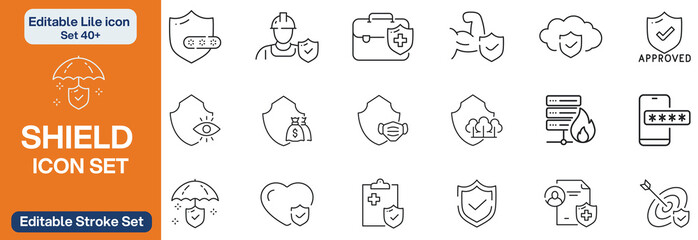 Big set of shield line icons. Protection, security, defence, guard etc. Editable stroke