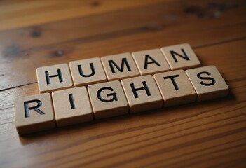 Wooden blocks spelling human rights concept on wooden surface representing social issues and justice in a studio shot with wooden letters and blocks