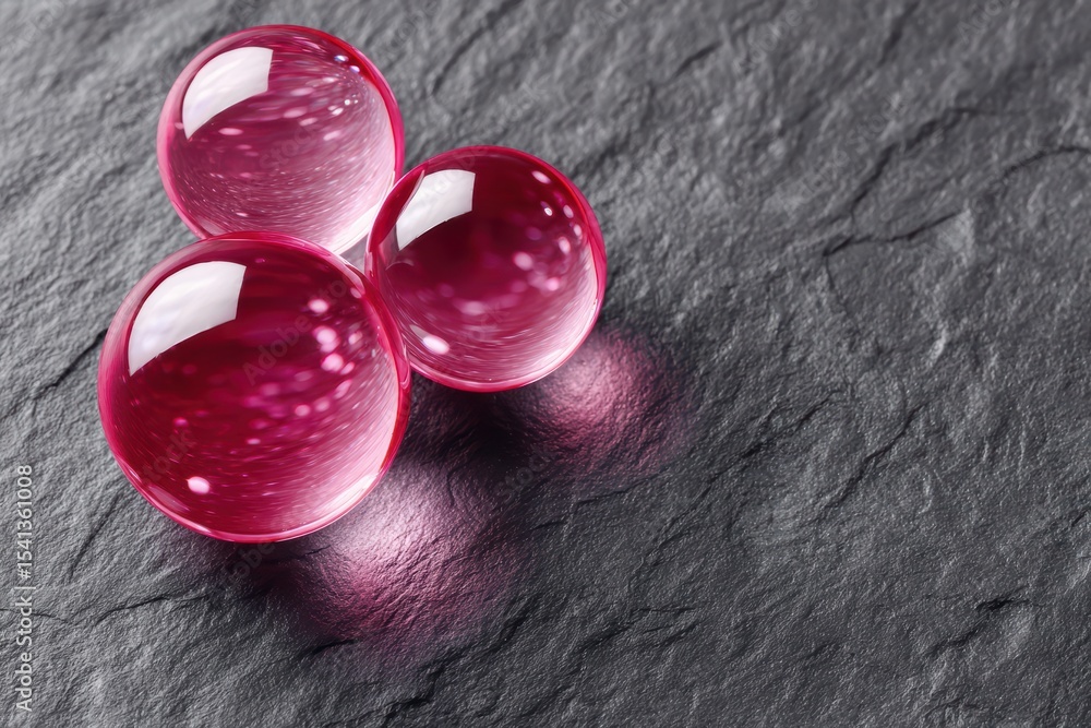 Poster three translucent pink spheres on textured gray stone creating a soft light effect and subtle reflec