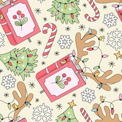 Whimsical Christmas Books with deer antlers and Holiday Icons xmas tree and candy cane vector seamless pattern in Retro Pastel style. Ideal for festive wrapping paper, seasonal textiles, scrapbook