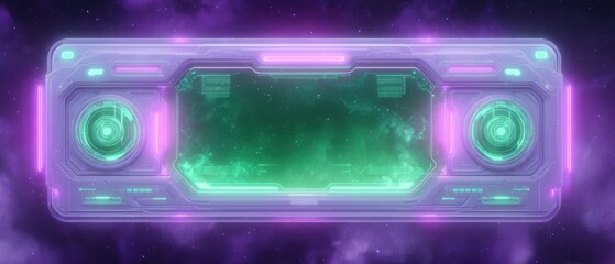 Obraz premium Sci fi interface panel displaying a vibrant green nebula against a purple and white starfield background