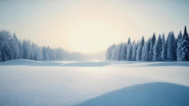 Snowy Forest Landscape Scene with Trees and Clean White Snow