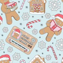 Cozy Christmas Gingerbread Men in Santa Hat Read and Carry Books, public gingerbread Library Cookies and Card vector seamless pattern in Retro Pastel style. Perfect for holiday wrapping paper, festive
