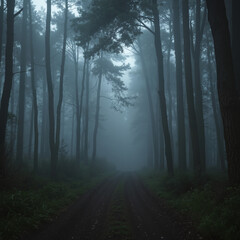 Fototapeta premium Mysterious forest pathway shrouded in fog with tall trees lining the sides