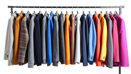 Vibrant Display of Textiles on a Stylish Rack isolated on solid white background Png