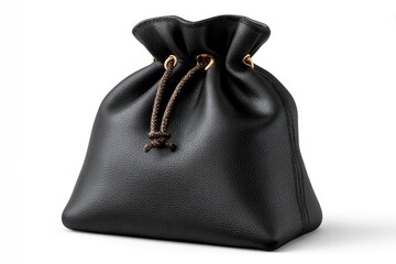 Black leather drawstring pouch with bronze grommets  braided cords resting on a white surface