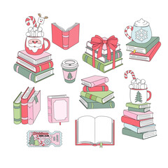 Retro Christmas Book Stacks, Holiday Mugs with marshmallow, festive Book Club Ticket vector Illustration set isolated on white. Ideal for seasonal greeting cards, winter reading promotions, cozy book