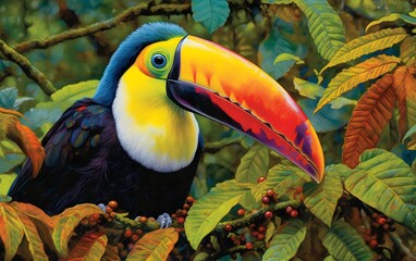 Colorful toucan close-up in lush forest.