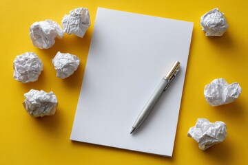 Blank paper on yellow surface surrounded by crumpled paper and pen