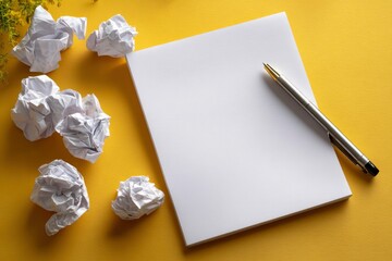 Blank paper pen crumpled paper yellow backdrop