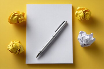 Blank white paper under pen with crumpled yellow and white paper balls on a yellow background