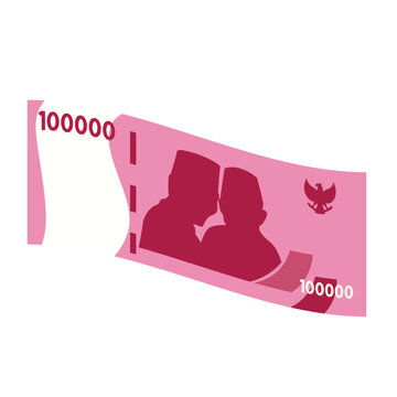 Flat illustration of a 100000 rupiah Indonesian banknote featuring two portraits and the national emblem. Simple, modern design, ideal for financial or economic topics.