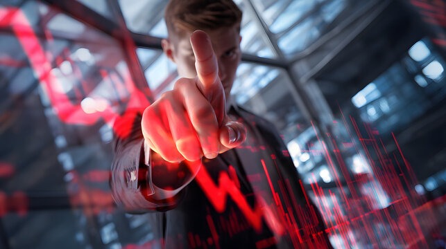 a young businessman pointing forward with index finger, a glowing red revenue decline chart dropping. - Powered by Adobe
