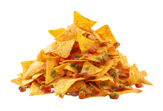Pile of triangular chappe, Mexican nachos chips isolated on a transparent background