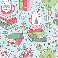 Cozy Christmas Stacks of Books and Festive Holiday Cups vector Seamless Pattern in Retro Pastel colours. Ideal for seasonal wrapping paper, winter stationery, fabric prints, and Xmas themed home decor